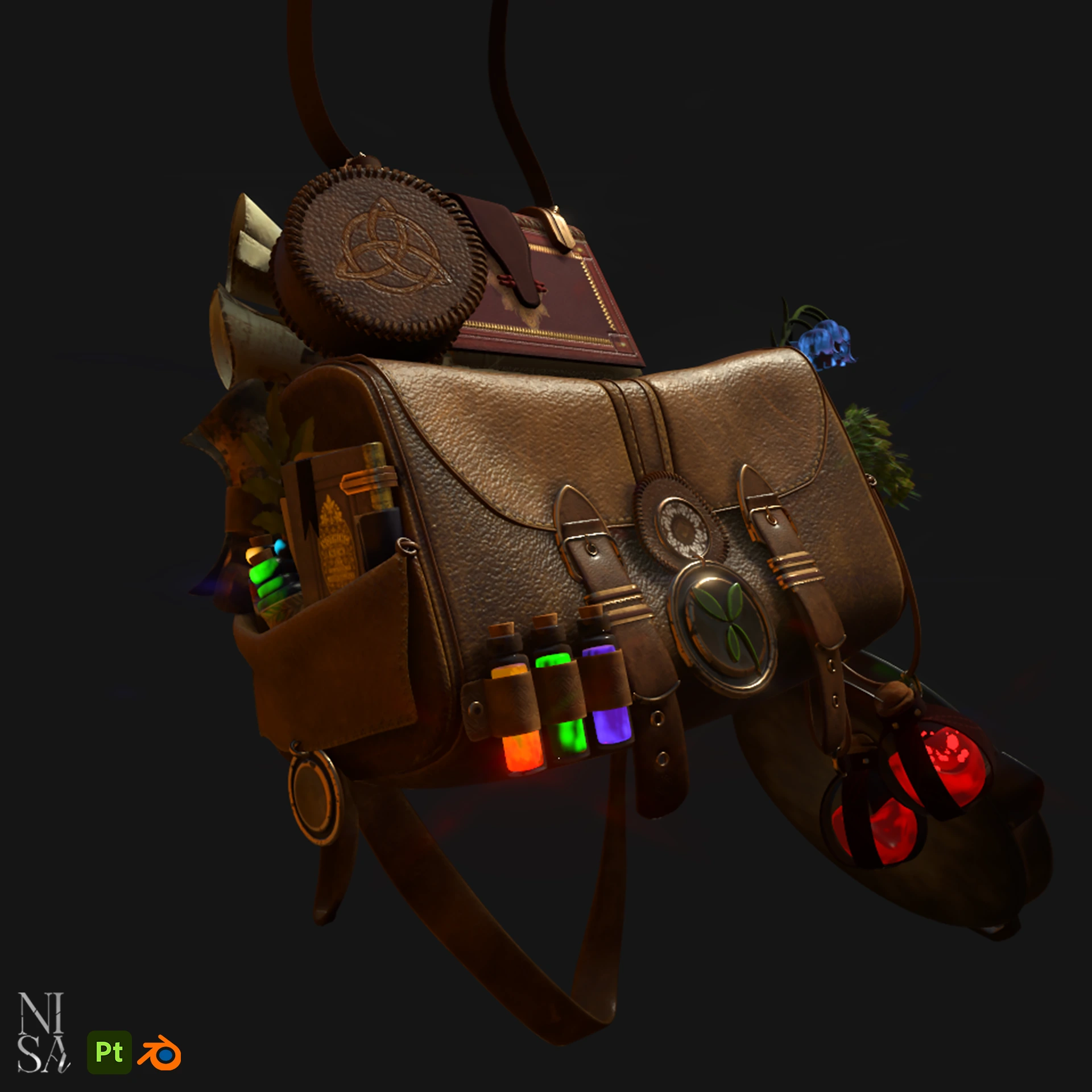 Enchanted Satchel — Inventory prop · Leather · Fantasy