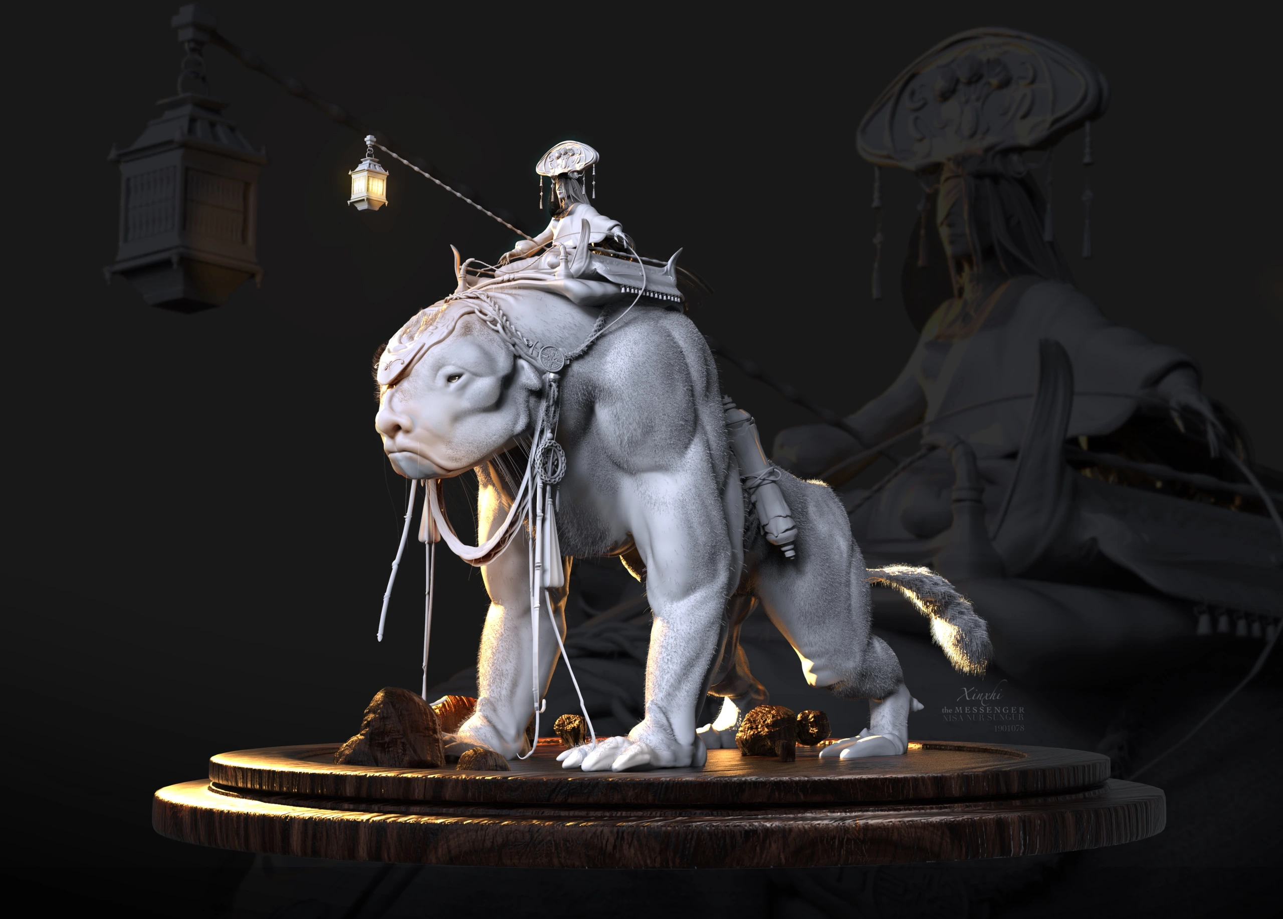 Xin — Character concept · Silhouette study · 3D sculpt